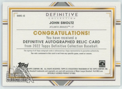 John Smoltz 2022 Topps Definitive Collection Purple Patch Auto Card #DARC-JS 2/5 - Afbeelding 2 van 2