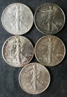 Lot of Five 50c Walking Liberty Silver Half Dollars