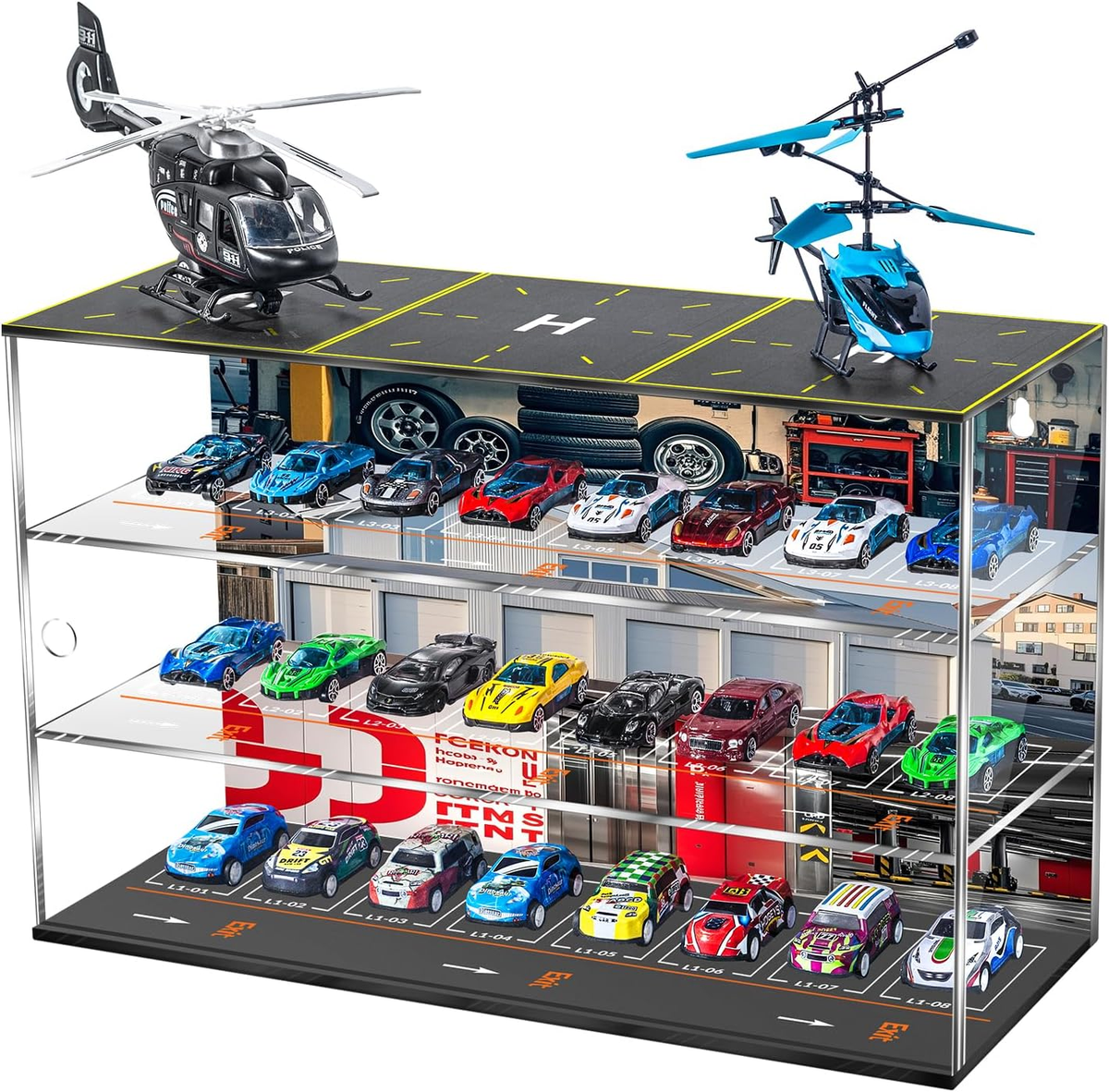 Saichotoy Vitrine Pour Hot Wheels : Garage De Stationnement Empilable Pour Boîte D'allumettes à L'échelle 1/64, Rangement En Mousse Pour Camions Monstres Avec Lumière LED Et Couvercle En Acrylique