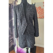 ST JOHN Womens Tweed Suit Jacket Skirt Black Metallic Size 12/4 USA AM01