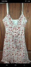 Womens White/Red Floral Chemise/Slip Dress Adjustable Straps Lace Bow Coquette S