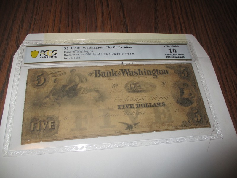 1856 $5 BANK OF WASHINGTON (N.CAROLINA)   CIRCULATED PCGS-10
