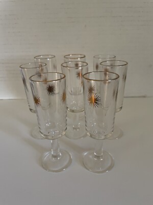 VINTAGE MCM  ATOMIC WINE  / CORDIAL GLASSES GOLD STARBURST..SET OF 8..4.5'' TALL
