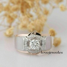 1.75CT Round Cut Real Moissanite Men's Engagement Wedding Ring 14K White Gold FN