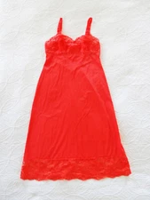 Vanity Fair Vintage Red Full Slip Size 32 S 1950s 1960s Tricot Nylon Lace Trim