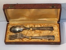 Antico Cofanetto Cucchiaio E Forchetta IN Metallo Argentato (9-24/F2)