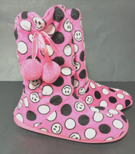 Women s Girls Size 7 Slippers Cozy Booties Faux Fur POM POM POLKA DOT