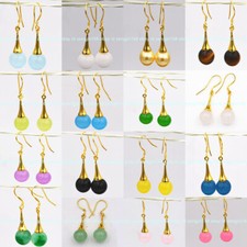 Wonderful Natural 10mm Multicolor Jade Round Gemstone Gold Hook Dangle Earrings