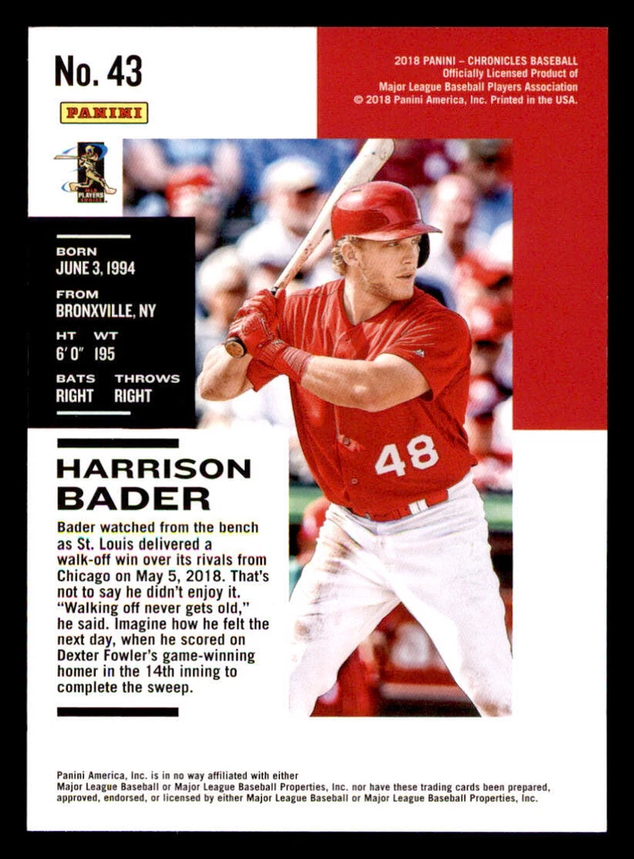 2018 Panini Chronicles #43 Harrison Bader RC - Image 2 of 2