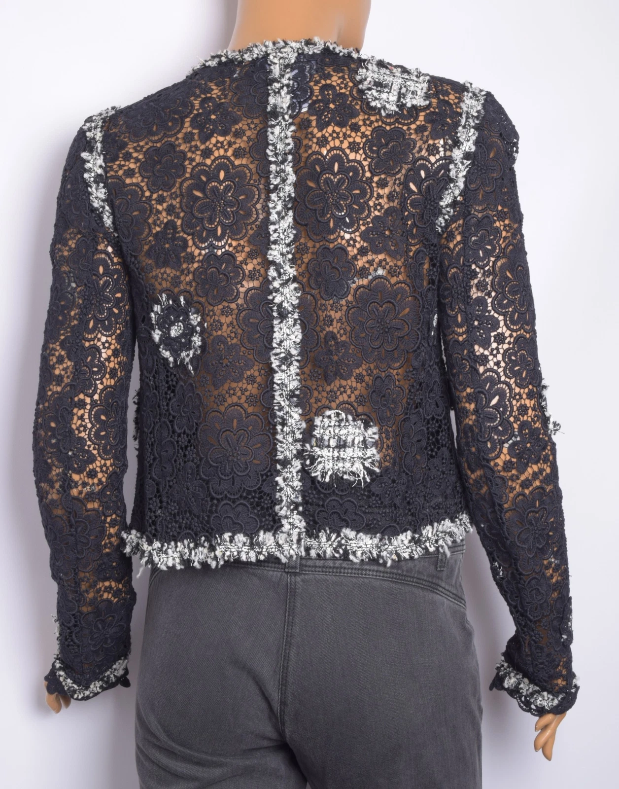 Giacca CHANEL vintage donna nero blazer cotone pizzo floreale maniche lunghe FR 36 S