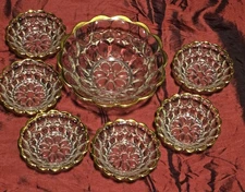  Antique 7 pc Jeanette Glass Co. Thumbprint Fruit & Berry Bowls W/22K Gold Rims