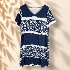 SheIn Dress Women XL Blue Animal Print Shift Midi V-Neck Short Sleeve Casual