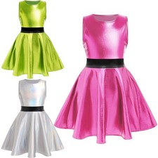 Kids Girls Dress Holiday Costume Cosplay Skirt Rave Contrasting Waist Shiny