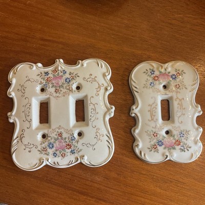 VTG 1950 s Porcelain Double& singhal Light Switch Plate Cover Floral Gold Japan