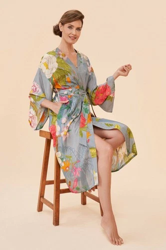 Powder Kimono Floral Print Dressing Gown Boho Festival Jacket Belted One Size