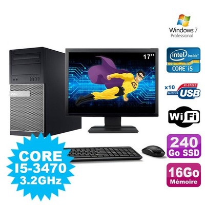 Lot PC Tour Dell Optiplex 7010 I5-3470 3.2Ghz 16Go 240Go SSD WIFI W7 + Ecran 17''