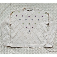 Ann Taylor LOFT Cottagecore creamy cotton embroidered floral crewneck sweater M