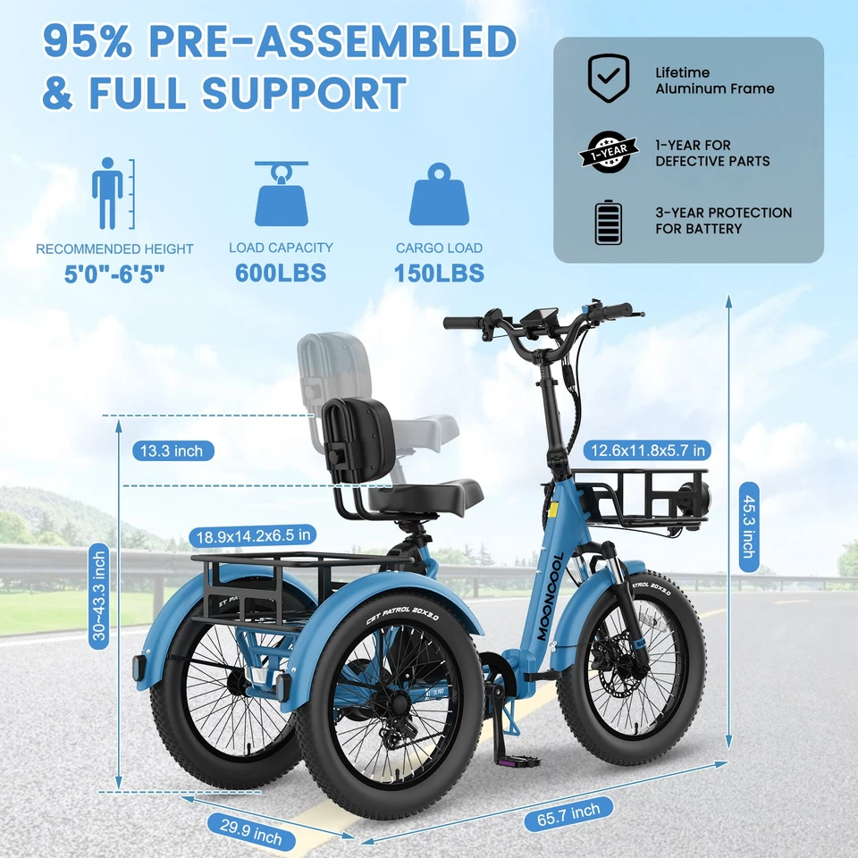 Triciclo Eléctrico Plegable MOONCOOL para Adulto Peak 1600W 48V 20x3" Triciclo de 6 Velocidades Foto 2 de 4