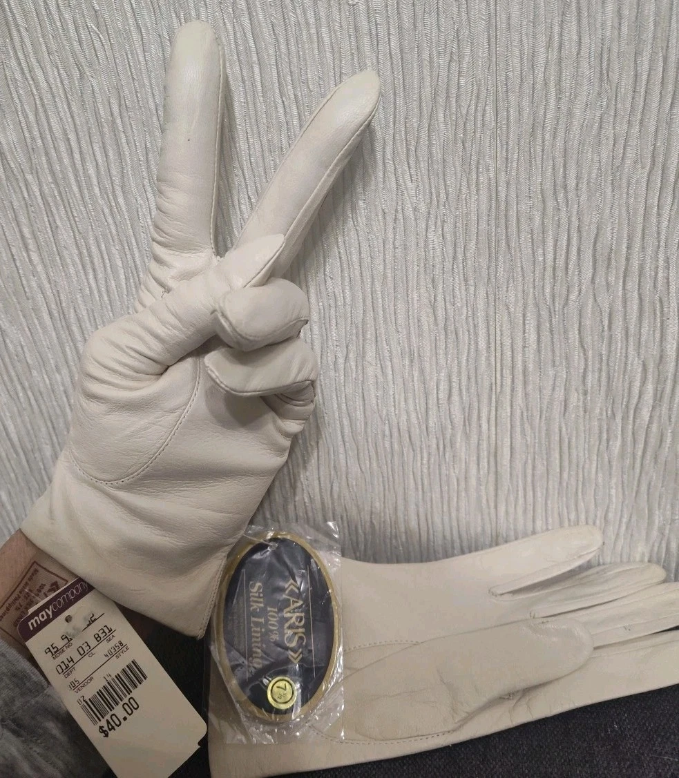 Vintage ARIS Leather Gloves Womens Size 7.5 Beige Silk Lined 90s May Company