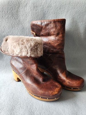 Ugg Boots Booties Brown 7 Women's Lynnae Leather Shearling Foldover Wood Block