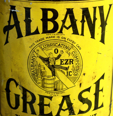 GRAPHIC * RARE early 1900s era ALBANY NY 10 LB. GREASE Old Antique Metal Oil Can