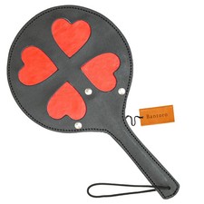 Dual-Sided Black Leather Spanking Paddle with Red Heart Cutouts – Handcrafted