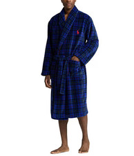 NWT RALPH LAUREN Big Polo Pony Plush Plaid Bath Robe NAVY BLUE L/XL