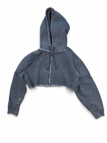 Zara Washed Charcoal Cropped Hoodie Raw Hem Oversized Size M