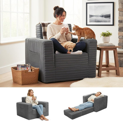 2-in-1 Folding Sofa Bed & Ottoman for Small Spaces, Dark Grey