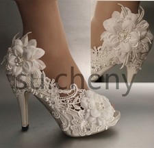su.cheny 3" 4" heel pearl white ivory satin flower peep toe Wedding Bridal shoes