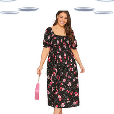Ex Women's Plus Size Shirred Floral Print Midi Dress - Black Floral (Defect)