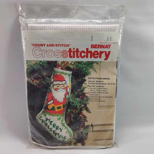 Vtg 1978 Bernat Cross Stitch Christmas Stocking Kit WO0019 Gifts From Santa 18"