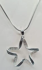 Silver Star  Black White Crystal 2.5" Stainless Steel Extra Long Necklace 28"