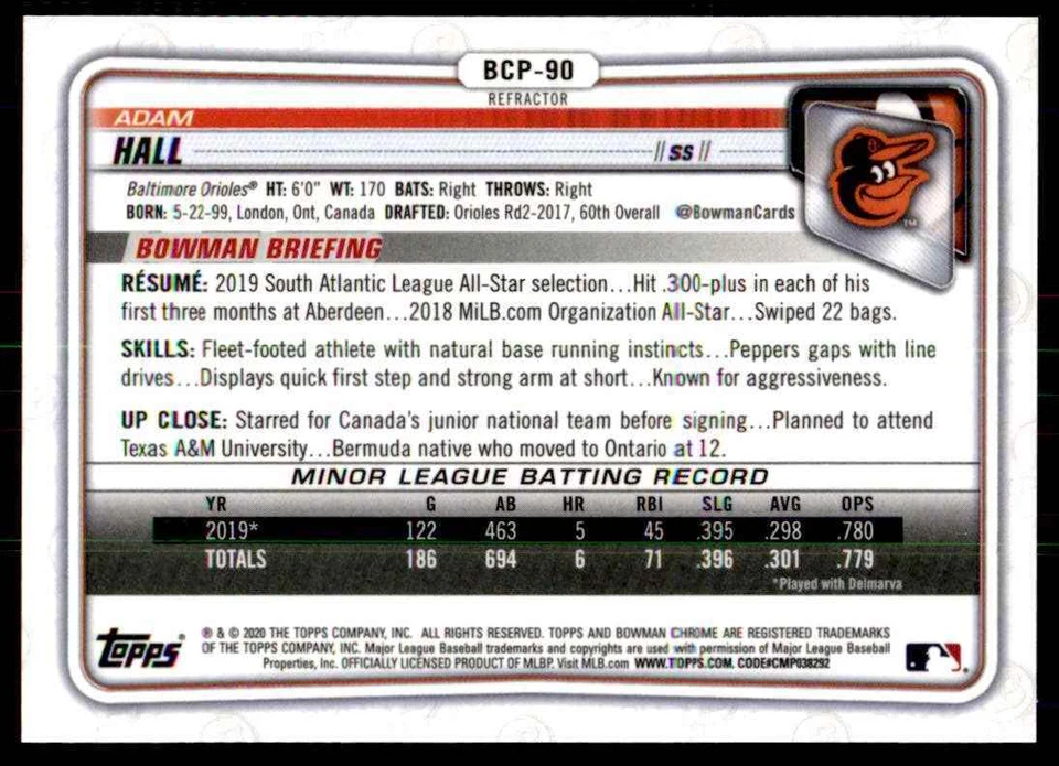 2020 Bowman Chrome Chrome Refractors Adam Hall 238/499 #BCP-90 - Image 2 of 2