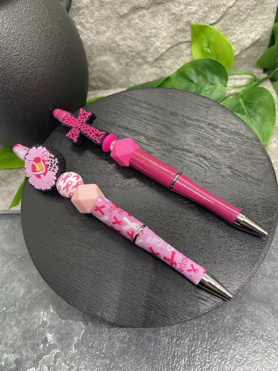 PC Handmade Silicone Pink Ribbon Bead Black Ink Pen Set Breast Cancer  B2866