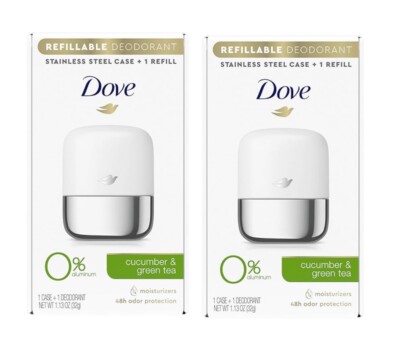 2 Dove Refillable Deodorant Starter Kit 0% Aluminum Cucumber & Green Tea