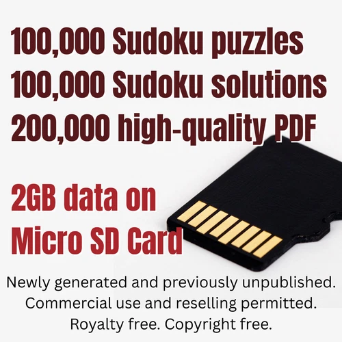 100000 Sudoku PDF 2GB data on Micro SD commercial use, reselling, copyright free