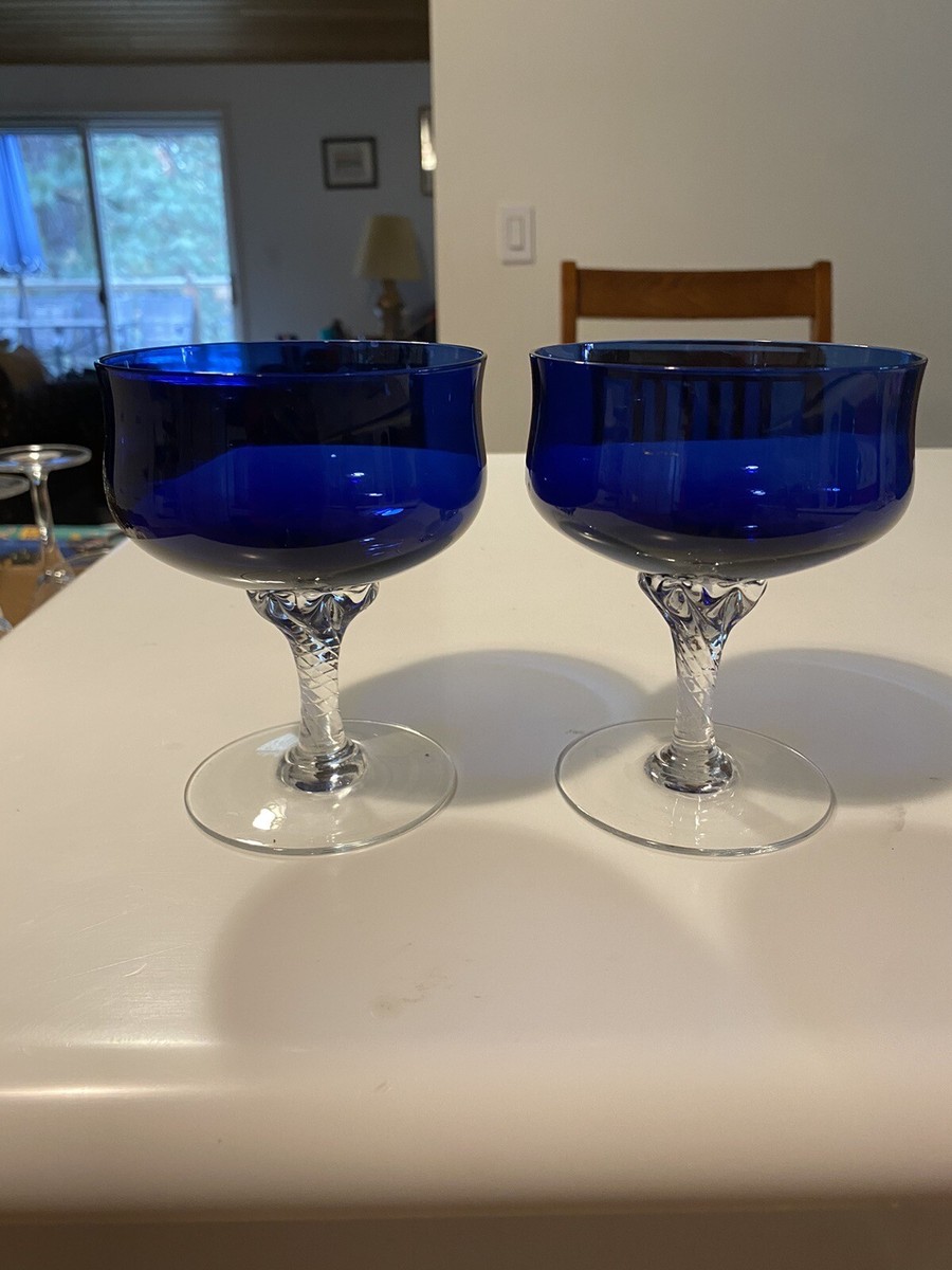 Vintage Sasaki Crystal Coronation Cobalt Blue Twisted Stem Glasses