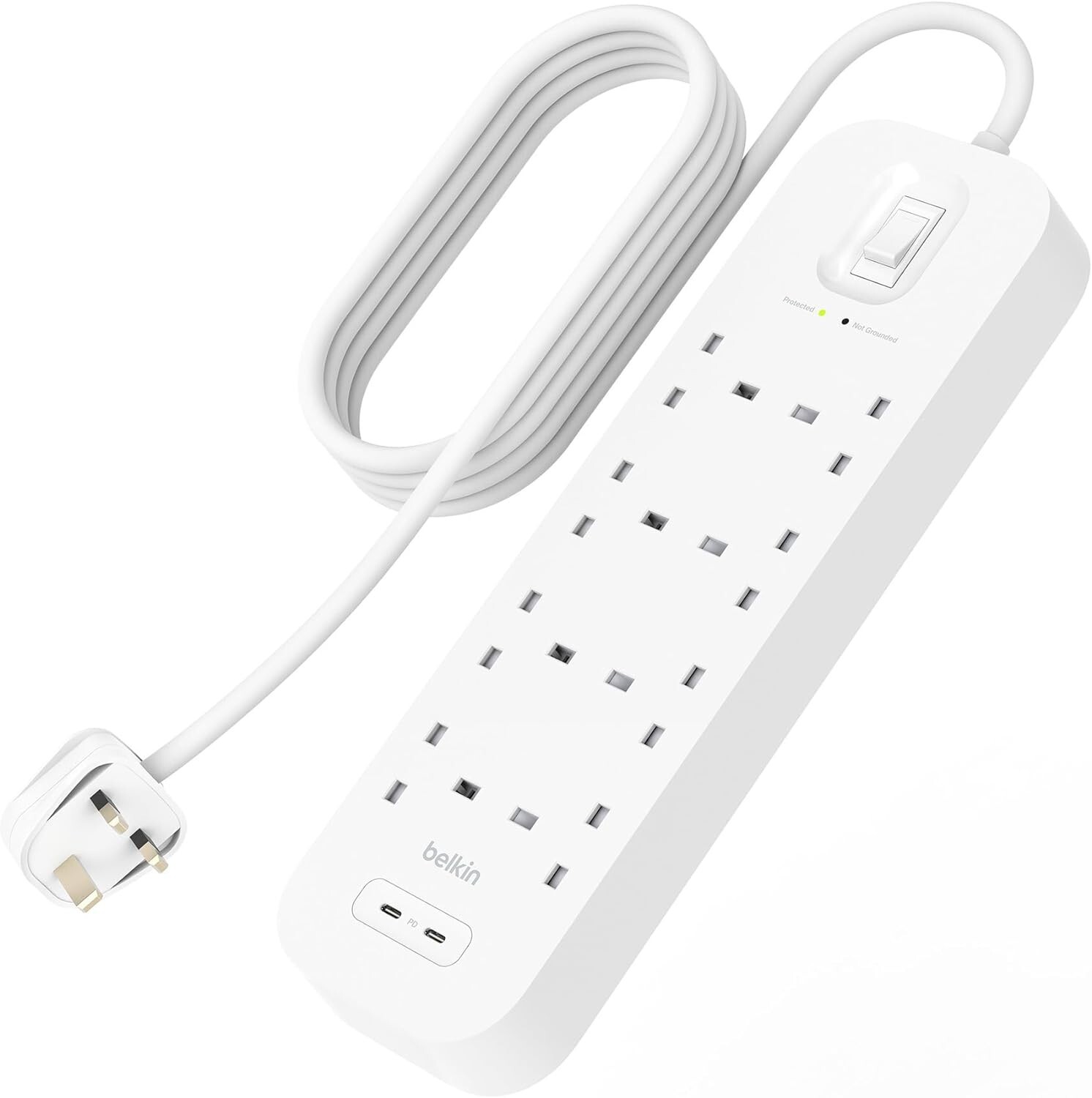 Belkin 8-Outlet Surge Protector Power Strip Wall-Mountable 8 AC Outlets 2 USB-C