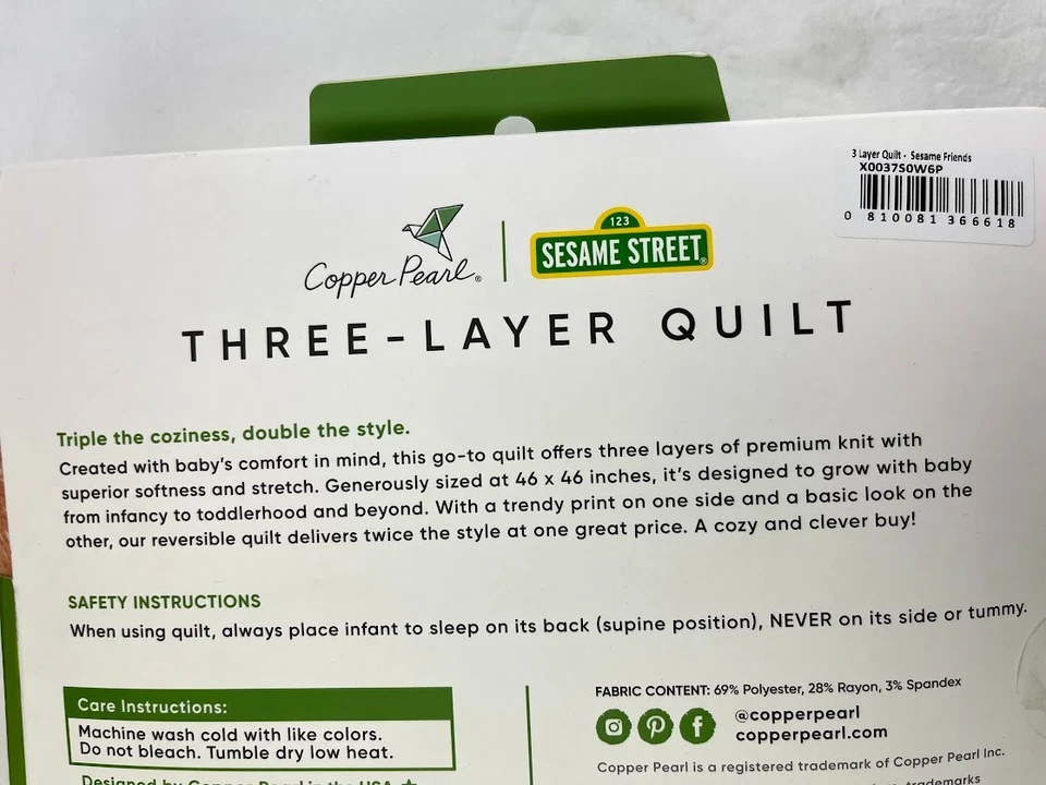 芝麻街 3 层被子婴儿幼儿毯铜珍珠柔软 46 英寸男女通用 — 第 2/4 张图片