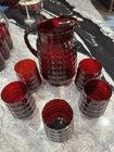 Vintage Anchor Hocking Royal Ruby Bubble Pattern Pitcher and Five Glasses
