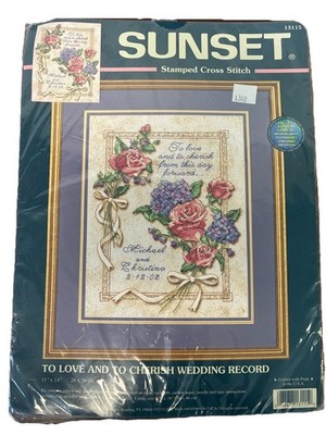 Sunset Vtg  To Love And To Cherish Wedding Record'' Cross Stitch Kit 11x14 13115