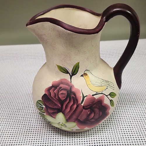 Cream Green Ceramic Pitcher Matte Pottery Floral Bird Decorative China Round