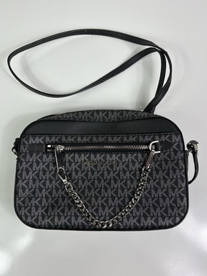 Michael Kors Black Gray Logo Shoulder Bag Chain Accent Silver Hardware Women
