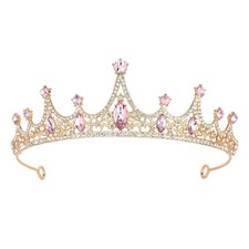 Gold Wedding Crown Crystal Tiara for Women Queen and Pink Rhinestones