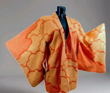 Vintage Original Japanese KIMONOJacket Pure Silk Embossed Orange/Pale Orange S-M