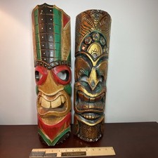 Lot 2 TIKI Mask Wood Wall Plaque 50cm 20 Carved Painted SURFER MAORI TIKI TOTEM