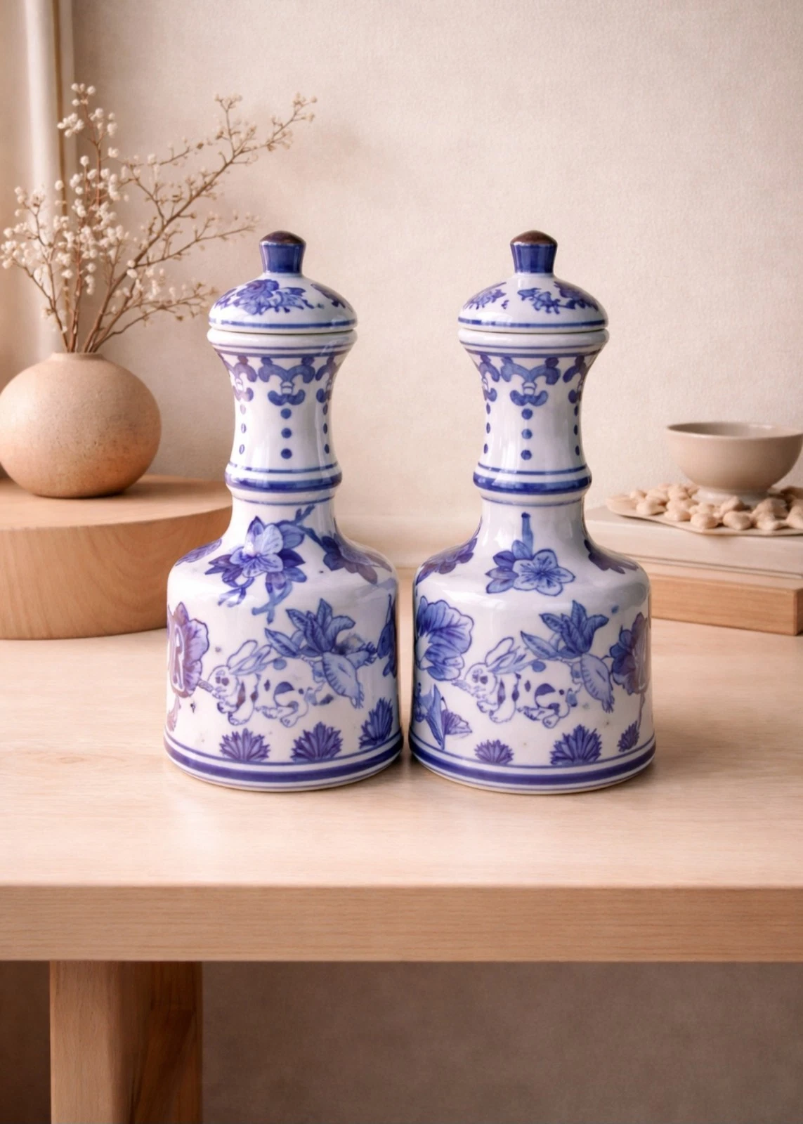 Oil & Vinegar Cruet Set, White & Blue, Rabbi & Floral Design, Blue Transferware