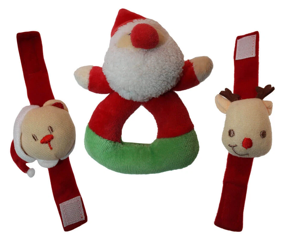 MARKENLOS BABYS ERSTES WEIHNACHTEN - Ringrassel Handgelenk-Rassel Weihnachtsmann Bär Elch