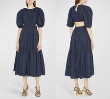 NWT Ulla Johnson Claire Puff Sleeve Cotton Poplin Midi Dress Midnight Sz 6 $470